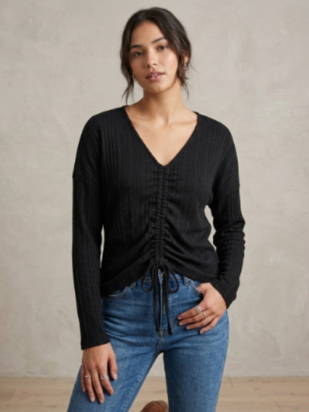Warehouse One Black Ribbed Ruched Front Tie Top - Size Large (L/G) - Like New!